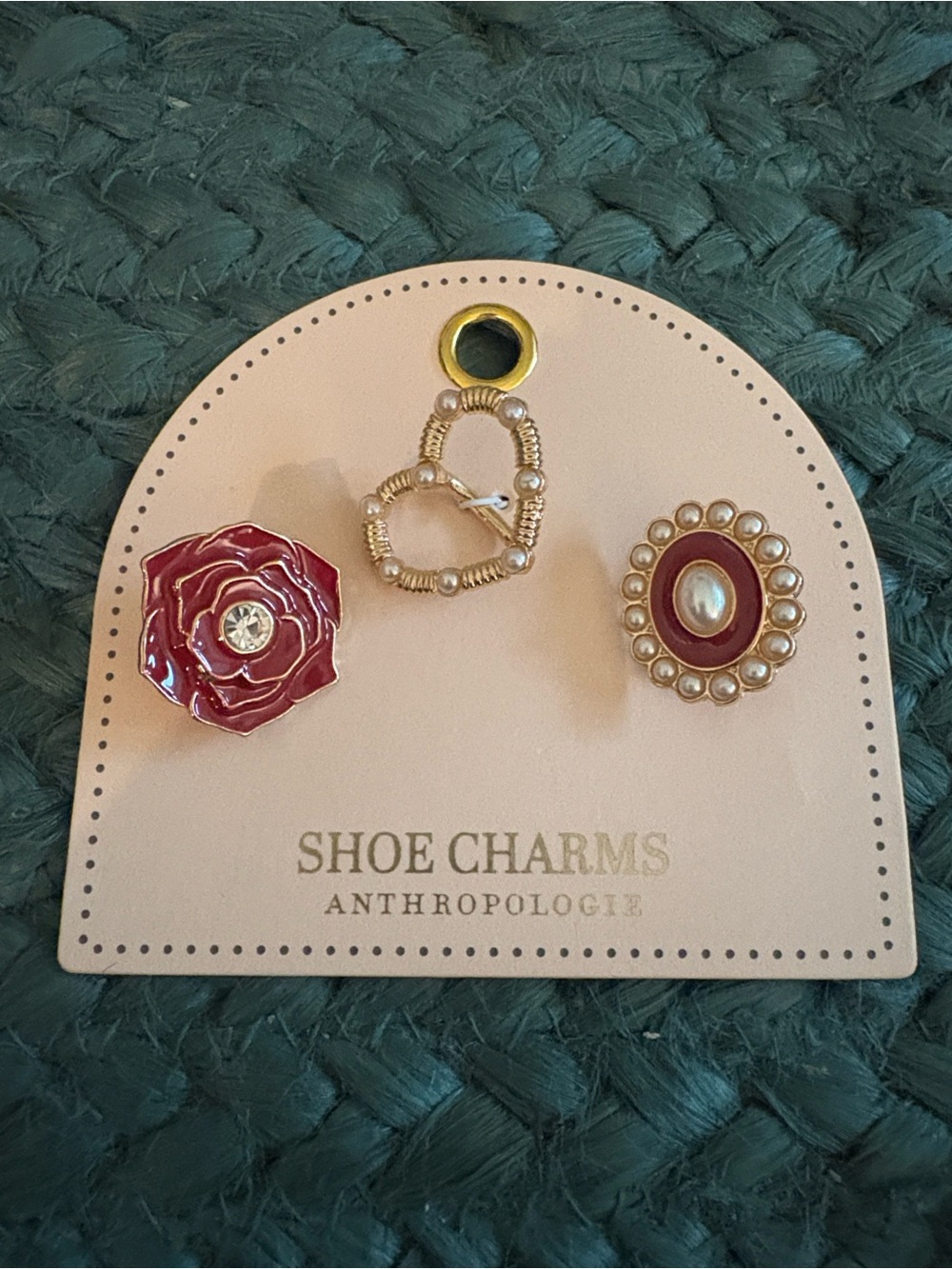 Anthropologie Red Enamel Rose, Gold Beaded Heart & Pearl-Trim Shoe Charms
